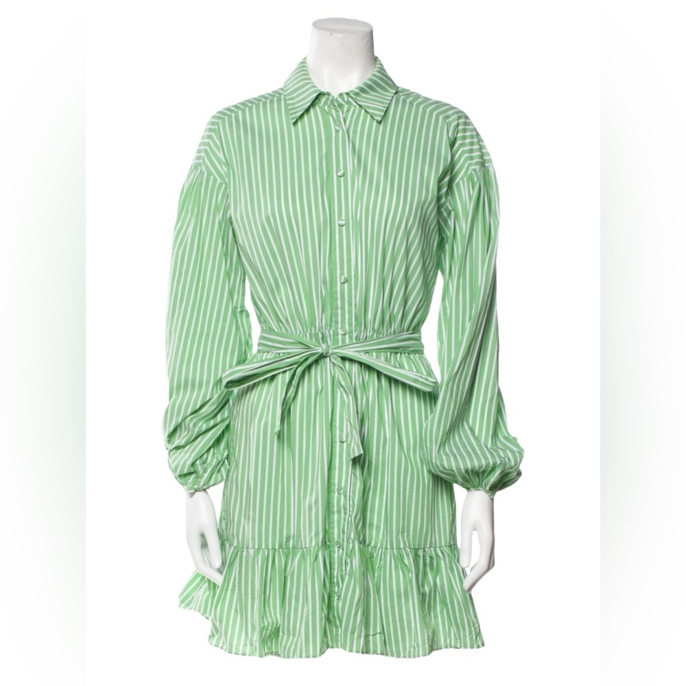 CINQ A SEPT Mint Green and White Stripe Long Sleeve Mini Ruffle Shirt Dress 4